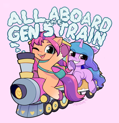 Size: 2702x2794 | Tagged: safe, artist:moozua, izzy moonbow, sunny starscout, earth pony, pony, unicorn, g5, anatomically incorrect, blushing, braid, cute, duo, female, friendship express, grin, high res, hype train, incorrect leg anatomy, izzybetes, looking at you, mare, one eye closed, open mouth, simple background, sitting, smiling, sunnybetes, teeth, text, the ride never ends, train, unshorn fetlocks, wink