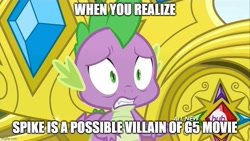 Size: 889x500 | Tagged: safe, edit, edited screencap, screencap, spike, dragon, g4, g5, inspiration manifestation, caption, hilarious in hindsight, hub logo, image macro, male, scared, solo, text, wrong