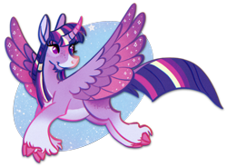 Size: 1806x1332 | Tagged: safe, artist:oriando, derpibooru exclusive, twilight sparkle, alicorn, classical unicorn, pony, unicorn, g4, abstract background, cloven hooves, curved horn, female, flying, freckles, horn, leonine tail, mare, simple background, smiling, solo, transparent background, twilight sparkle (alicorn), unshorn fetlocks