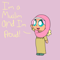 Size: 1536x1536 | Tagged: safe, artist:colorcodetheartist, derpibooru exclusive, fluttershy, human, g4, :3, chibi, colored sketch, cute, description is relevant, dialogue, female, humanized, islam, islamashy, mouthpiece, open mouth, religion, shyabetes, simple background, solo, winged humanization, wings