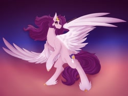Size: 2048x1536 | Tagged: safe, artist:lunathemoongod, pipp petals, pegasus, pony, g5, eyeshadow, feather, female, fluffy, gradient background, looking at you, makeup, mare, red eyes, red-eyed pipp, soft shading, solo, spread wings, unshorn fetlocks, wings
