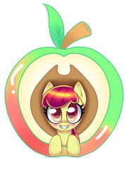 Size: 4400x6100 | Tagged: safe, artist:opal_radiance, apple bloom, earth pony, pony, g4, apple, applejack's hat, blushing, cowboy hat, female, filly, food, hat, looking at you, simple background, solo, sparkly mane, transparent background