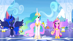 Size: 1920x1080 | Tagged: safe, screencap, princess cadance, princess celestia, princess luna, alicorn, pegasus, pony, g4, season 4, twilight's kingdom, alicorn triarchy, armor, beautiful, chestplate, colored wings, crown, crystal empire, crystal guard, crystal guard armor, ethereal mane, ethereal tail, female, flowing mane, flowing tail, hoof shoes, jewelry, lidded eyes, looking at you, male, mare, multicolored mane, multicolored tail, multicolored wings, peytral, regalia, royal guard, smiling, spread wings, stallion, tiara, trio focus, wings