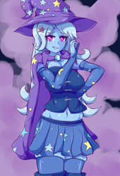 Size: 1500x2200 | Tagged: safe, artist:n00bultima, trixie, equestria girls, belly button, breasts, busty trixie, cape, clothes, female, hat, socks, solo, thigh highs, trixie's cape, trixie's hat