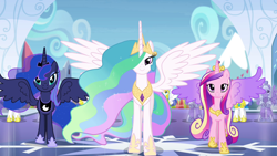 Size: 1280x720 | Tagged: safe, screencap, princess cadance, princess celestia, princess luna, alicorn, pegasus, pony, g4, twilight's kingdom, alicorn triarchy, armor, beautiful, chestplate, colored wings, crown, crystal empire, crystal guard, crystal guard armor, ethereal mane, ethereal tail, female, flowing mane, flowing tail, hoof shoes, jewelry, lidded eyes, looking at you, male, mare, multicolored mane, multicolored tail, multicolored wings, peytral, regalia, royal guard, smiling, spread wings, stallion, tiara, trio focus, walking, wings