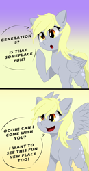 Size: 2500x4800 | Tagged: safe, artist:nihithebrony, derpy hooves, pegasus, pony, g5, colored background, comic, curious, cute, derpabetes, female, simple background, smiling, solo, talking, talking to viewer, text, yellow background