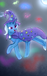 Size: 1366x2169 | Tagged: safe, artist:moonlightrift, trixie, pony, unicorn, g4, cape, clothes, fireworks, glowing, hat, moon, smoke, solo, trixie's cape, trixie's hat