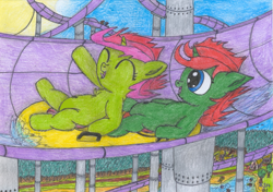 Size: 2267x1592 | Tagged: safe, artist:vovi, oc, oc only, oc:plum virgin sentry, oc:void virgin sparkles, pony, unicorn, brother and sister, colt, dock, female, filly, foal, happy, male, nudity, siblings, slide, summer, traditional art