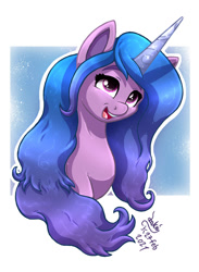 Size: 880x1200 | Tagged: safe, artist:joakaha, izzy moonbow, pony, unicorn, g5, abstract background, bust, cute, female, izzybetes, long hair, long mane, mare, open mouth, open smile, portrait, signature, smiling, solo