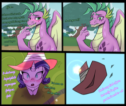 Size: 3840x3249 | Tagged: safe, artist:dorpapu, rarity, spike, dragon, pony, unicorn, comic:reunion, g4, blushing, comic, dialogue, female, funny, high res, male, older, older spike, ship:sparity, shipping, straight
