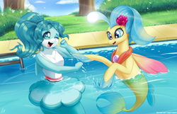 Size: 3500x2250 | Tagged: safe, artist:pyropk, princess skystar, seapony (g4), anthro, g4, my little pony: the movie, bna: brand new animal, crossover, female, flower, flower in hair, high res, jewelry, looking at each other, necklace, nina flip, open mouth, pearl necklace, smiling, splashing, swimming pool, water