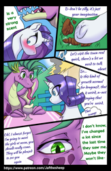 Size: 1680x2580 | Tagged: safe, artist:dorpapu, rarity, spike, dragon, pony, unicorn, comic:reunion, g4, blushing, comic, dialogue, female, funny, male, older, older spike, ship:sparity, shipping, straight
