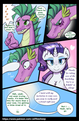 Size: 1953x3000 | Tagged: safe, artist:dorpapu, rarity, spike, dragon, pony, unicorn, comic:reunion, g4, comic, cute, dialogue, female, funny, male, older, older spike, ship:sparity, shipping, straight