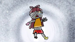 Size: 812x458 | Tagged: safe, apple bloom, human, g4, bandage, bow, clothes, crying, falling, hair bow, humanized, one eye, one eye covered, pants, reaching, robble bloom, screaming, shirt, shoes, static, the amazing world of gumball, void