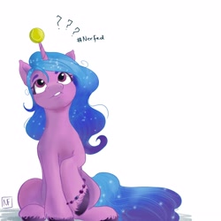 Size: 2800x2800 | Tagged: safe, artist:demise-the-art-demon, izzy moonbow, pony, unicorn, g5, my little pony: a new generation, ball, female, hashtag, high res, horn, horn guard, horn impalement, hornball, izzy's tennis ball, looking up, mare, meme, nerf, question mark, simple background, sitting, solo, tennis ball, white background