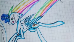 Size: 1080x607 | Tagged: safe, artist:tessa_key_, oc, oc only, alicorn, pony, alicorn oc, angry, glowing horn, graph paper, gritted teeth, horn, multicolored hair, rainbow hair, solo, traditional art, wings