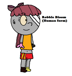 Size: 433x459 | Tagged: safe, artist:pagiepoppie12345, apple bloom, human, g4, bandage, bow, clothes, disfigured, hair bow, humanized, one eye, one eye covered, pants, positive body image, robble bloom, shirt, shoes, smiling, the amazing world of gumball