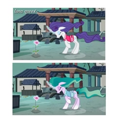 Size: 1080x1080 | Tagged: safe, artist:luna.queex, edit, edited screencap, screencap, mistmane, rarity, pony, g4, building, clothes, duo, eyes closed, female, flower, mare, mistmane's flower, outdoors, raised hoof