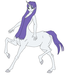 Size: 754x866 | Tagged: safe, artist:cdproductions66, artist:nypd, rarity, centaur, human, monster girl, g4, alternate hairstyle, base used, blue eyes, centaurified, centaurity, cleavage, eyeshadow, female, godiva hair, hooves, horn, human head, humanized, makeup, missing cutie mark, nudity, purple hair, raised hooves, simple background, solo, strategically covered, transparent background, unicorn horn, unitaur