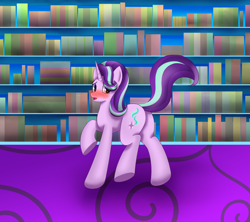 Size: 1800x1600 | Tagged: safe, artist:sane, starlight glimmer, pony, unicorn, g4, blushing, bookshelf, butt, castle, female, glimmer glutes, library, looking at you, mare, plot, raised leg, shy, solo