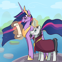 Size: 2048x2048 | Tagged: safe, artist:pfeffaroo, chancellor neighsay, twilight sparkle, alicorn, pony, unicorn, g4, the last problem, cloak, clothes, duo, female, folded wings, glowing horn, high res, hoof shoes, horn, jewelry, looking at something, magic, male, mare, older, older chancellor neighsay, older twilight, older twilight sparkle (alicorn), open mouth, outdoors, princess twilight 2.0, reading, regalia, scroll, smiling, stallion, standing, twilight sparkle (alicorn), wings