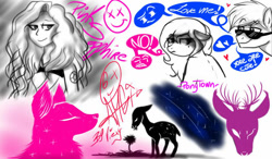 Size: 800x468 | Tagged: safe, artist:amgiwolf, oc, oc only, oc:amgi, deer, earth pony, human, pony, wolf, antlers, bust, earth pony oc, female, flower, frown, heart, humanized, looking back, male, mare, no, pictogram, smiling, smirk, stallion, sunglasses