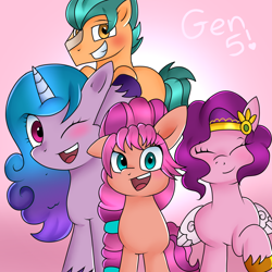 Size: 3000x3000 | Tagged: safe, artist:doraeartdreams-aspy, hitch trailblazer, izzy moonbow, pipp petals, sunny starscout, earth pony, pegasus, pony, unicorn, g5, blushing, braid, eyes closed, female, gradient background, grin, high res, looking at you, male, mare, one eye closed, open mouth, raised hoof, smiling, stallion, teeth, text, unshorn fetlocks, wink