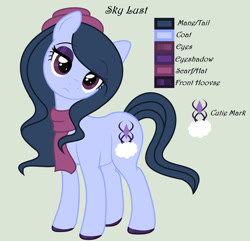 Size: 1280x1236 | Tagged: safe, artist:lominicinfinity, oc, oc only, oc:sky lust, earth pony, pony, clothes, female, mare, reference sheet, scarf, simple background, solo