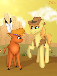 Size: 768x1024 | Tagged: safe, artist:delfinaluther, braeburn, little strongheart, bison, buffalo, earth pony, pony, g4, over a barrel, female, male, stallion