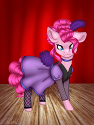 Size: 768x1024 | Tagged: safe, artist:delfinaluther, pinkie pie, earth pony, pony, g4, over a barrel, clothes, dress, female, mare, saloon dress, saloon pinkie, solo, song, stage