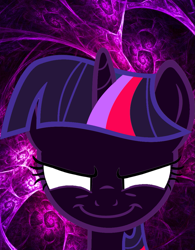 Size: 871x1115 | Tagged: safe, artist:smhungary, twilight sparkle, pony, unicorn, g4, dark magic, evil, evil twilight, looking at you, magic, possessed, smiling, solo, story included, wallpaper, white eyes