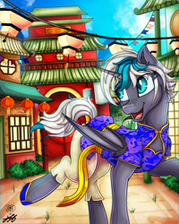 Size: 2000x2500 | Tagged: safe, artist:stainedglasslighthea, oc, oc only, oc:elizabat stormfeather, alicorn, bat pony, bat pony alicorn, pony, alicorn oc, bat pony oc, bat wings, belt, building, bush, chinese dress, chinese new year, clothes, commission, dress, female, flats, high res, hoof shoes, horn, lantern, lunar new year, mare, open mouth, pants, raised hoof, raised leg, shoes, solo, wings, ych result, year of the ox