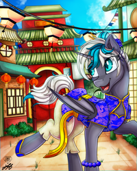 Size: 2000x2500 | Tagged: safe, alternate version, artist:stainedglasslighthea, oc, oc only, oc:elizabat stormfeather, alicorn, bat pony, bat pony alicorn, pony, alicorn oc, alternate hairstyle, bat pony oc, bat wings, belt, bracelet, building, bush, chinese dress, chinese new year, clothes, commission, dress, female, flats, hair bun, high res, hoof shoes, horn, jewelry, lantern, lunar new year, mare, open mouth, pants, raised hoof, raised leg, shoes, solo, wings, ych result, year of the ox
