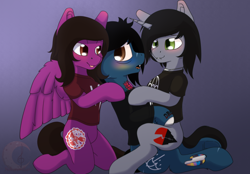 Size: 3868x2698 | Tagged: safe, artist:avery-valentine, artist:nekoremilia1, earth pony, pegasus, pony, undead, unicorn, zombie, zombie pony, anatomically incorrect, bags under eyes, blood, blushing, bone, bring me the horizon, clothes, colored blushing, commission, drop dead clothing, fangs, gay, holding, horn, incorrect leg anatomy, jewelry, kellin quinn, lip piercing, looking back, male, necklace, nose piercing, oliver sykes, pierce the veil, piercing, ponified, rainbow blood, scar, shipping, shirt, sitting on lap, sleeping with sirens, spread wings, stallion, stitches, t-shirt, tattoo, torn ear, trio, vic fuentes, wings, ych result