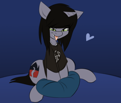 Size: 2000x1700 | Tagged: safe, artist:madragon, pony, unicorn, clothes, commission, disguise, disguised siren, fangs, heart, horn, jewelry, kellin quinn, lidded eyes, male, necklace, pillow, ponified, shirt, sitting, slit pupils, solo, stallion, t-shirt, tongue out, ych result