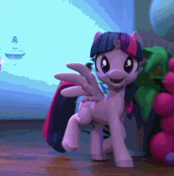 Size: 444x450 | Tagged: safe, edit, screencap, twilight sparkle, alicorn, pony, g4, hello pinkie pie, 3d, animated, cute, female, looking at you, loop, mare, reversed, smiling, smiling at you, solo, spread wings, trotting, twiabetes, twilight sparkle (alicorn), walking, wings
