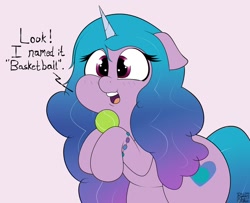 Size: 1200x973 | Tagged: safe, artist:blitzyflair, izzy moonbow, pony, unicorn, g5, cute, female, floppy ears, happy, holding, izzy's tennis ball, izzybetes, mare, open mouth, simple background, smiling, solo, tennis ball, that pony sure does love tennis balls, wide eyes