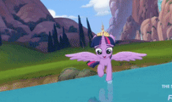 Size: 281x167 | Tagged: safe, edit, edited screencap, screencap, twilight sparkle, alicorn, pony, g4, my little pony: the movie, accessory, animated, bridge, crown, female, flying, gif, jewelry, lake, logo, loop, mare, movie, regalia, reversed, solo focus, spread wings, twilight sparkle (alicorn), water, we got this together, wings