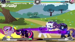 Size: 1280x720 | Tagged: safe, nightmare rarity, pinkie pie, rarity, twilight sparkle, fighting is magic, g4, dark magic, dragon ball, evil, evil twilight, eyes closed, floating, game, gemstones, knife, magic, mugen, pinkamena diane pie, possessed, screaming, super saiyan, thumbnail, white eyes