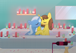 Size: 1920x1337 | Tagged: safe, artist:grapefruitface1, trixie, oc, oc:grapefruit face, pony, unicorn, g4, alcohol, base used, bath, bathroom, blushing, boop, candle, canon x oc, champagne, duo, eyes closed, female, grapexie, hoof on chin, male, noseboop, romantic, shipping, show accurate, straight, wine