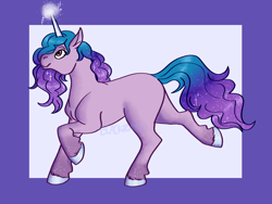 Size: 1600x1200 | Tagged: safe, artist:madamblackatto, izzy moonbow, pony, unicorn, g5, abstract background, female, glowing horn, horn, mare, raised hoof, solo, unshorn fetlocks