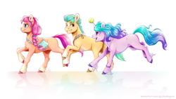 Size: 5000x2813 | Tagged: safe, artist:gaelledragons, hitch trailblazer, izzy moonbow, sunny starscout, earth pony, pony, unicorn, g5, ball, female, grin, group, high res, horn, horn guard, horn impalement, hornball, izzy's tennis ball, male, mare, open mouth, open smile, smiling, stallion, tennis ball, trio