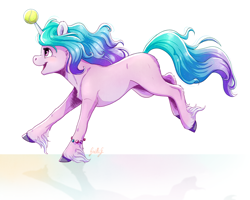 Size: 2628x2100 | Tagged: safe, artist:gaelledragons, izzy moonbow, pony, unicorn, g5, ball, cloven hooves, female, high res, horn, horn guard, horn impalement, hornball, izzy's tennis ball, mare, open mouth, simple background, solo, tennis ball