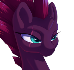 Size: 2100x2000 | Tagged: safe, artist:aquaticvibes, tempest shadow, pony, unicorn, g4, broken horn, bust, eye scar, female, high res, horn, lidded eyes, mare, portrait, scar, simple background, smiling, solo, transparent background, unamused