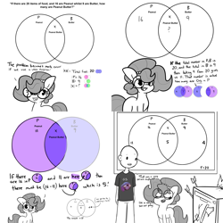 Size: 6000x6000 | Tagged: safe, artist:tjpones, oc, oc only, oc:brownie bun, oc:richard, earth pony, human, pony, horse wife, absurd resolution, arrow, axe, comic, dishwasher, duo, fire, glasses, grayscale, math, monochrome, partial color, round glasses, serious business, simple background, venn diagram, weapon, white background