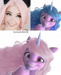 Size: 1250x1536 | Tagged: safe, artist:rsa.fim, edit, izzy moonbow, human, pony, unicorn, g5, belle delphine, braces, cursed image, fusion, giggling, irl, irl human, looking at you, odd, photo, wat