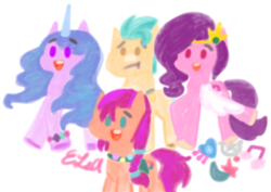 Size: 1852x1310 | Tagged: safe, artist:emilylsart, hitch trailblazer, izzy moonbow, pipp petals, sunny starscout, earth pony, pegasus, pony, unicorn, g5, female, male, open mouth, red eyes, red-eyed pipp, signature, simple background, white background
