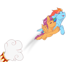 Size: 5590x4738 | Tagged: safe, artist:articfoxdraws, rainbow dash, scootaloo, pegasus, pony, g4, cannon, cute, cutealoo, dashabetes, flying, pony cannonball, scootaloo can fly, scootalove