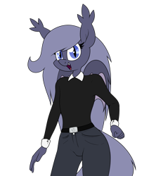 Size: 1933x2279 | Tagged: safe, artist:moonatik, oc, oc only, oc:selenite, bat pony, anthro, bat pony oc, bat wings, belt, clothes, fangs, female, jeans, looking at you, mare, pants, simple background, smiling, solo, transparent background, wings