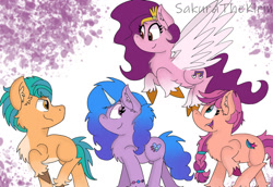 Size: 1280x880 | Tagged: safe, artist:sakurathekirin, hitch trailblazer, izzy moonbow, pipp petals, sunny starscout, earth pony, pegasus, pony, unicorn, g5, braid, chest fluff, ear fluff, female, looking at each other, looking back, male, mare, open mouth, raised hoof, red eyes, red-eyed pipp, smiling, stallion, unshorn fetlocks, wings